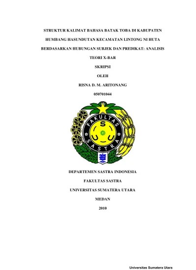 Struktur Kalimat Bahasa Batak Toba Di Kabupaten Humbang Hasundutan  Kecamatan Lintong Ni Huta Berdasarkan Hubungan Subjek Dan Predikat:  Analisis Teori X-Bar