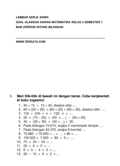 SOAL UH MATEMATIKA KELAS 4 SEMESTER 1 BAB OPERASI HITUNG BILANGAN BULAT