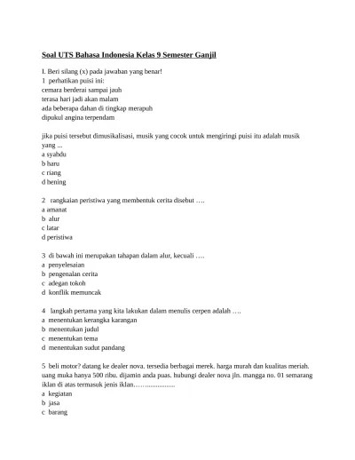 Soal UTS Bahasa Indonesia Kelas 9 Semest