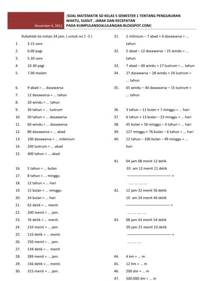 SOAL MATEMATIK sd KELAS 5 SEMESTER 1 TENTANG PENGUKURAN WAKTU (1)