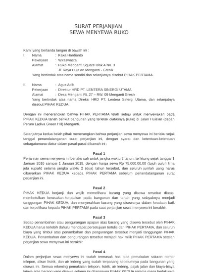 SURAT PERJANJIAN SEWA MENYEWA RUKO