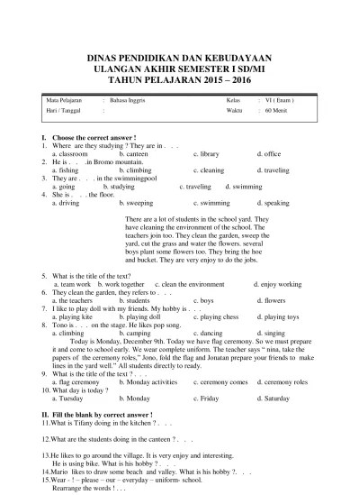 Soal UAS Semester 1 Bahasa Inggris Kelas 6