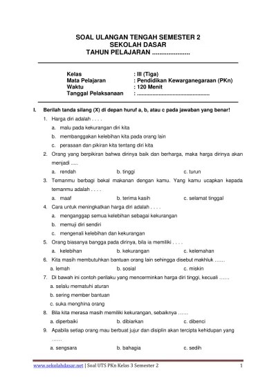 Soal Pendidikan Kewarganegaraan ( PKn ) UTS Genap 3. Soal PKN Kelas 3