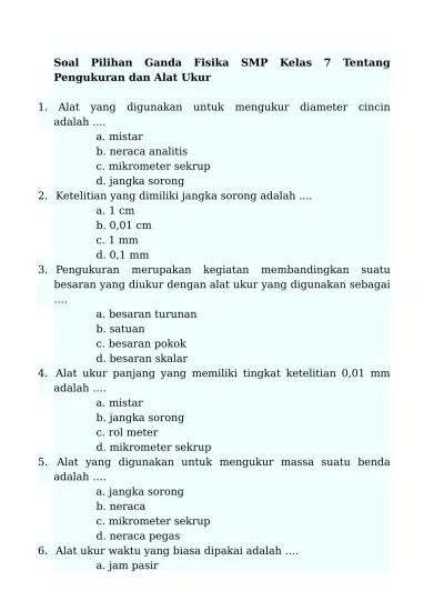 Soal Pilihan Ganda Fisika SMP Kelas 7 Te