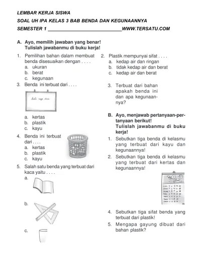 SOAL UH IPA KELAS 4 SEMESTER 1 BAB SIFAT BAHAN DAN KEGUNAANNYA