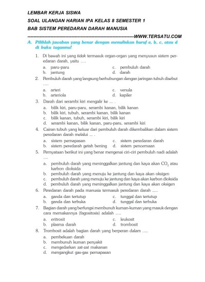 Top PDF SOAL UH IPA KELAS 8 BAB SISTEM PEREDARAN DARAH PADA MANUSIA  SEMESTER 1 - 123dok.com