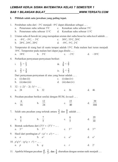 SOAL UH MTK SMP KELAS 7 BAB BILANGAN BULAT SEMESTER 1