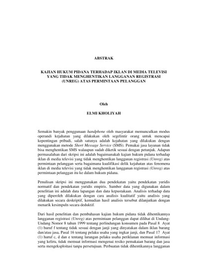 Top PDF KAJIAN HUKUM PIDANA TERHADAP IKLAN DI MEDIA TELEVISI YANG TIDAK  MENGHENTIKAN LANGGANAN REGISTRASI (UNREG) ATAS PERMINTAAN PELANGGAN -  123dok.com