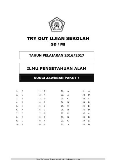Kunci Jawaban Soal TRY OUT UN IPA SD/ MI Kelas 6 Paket 1