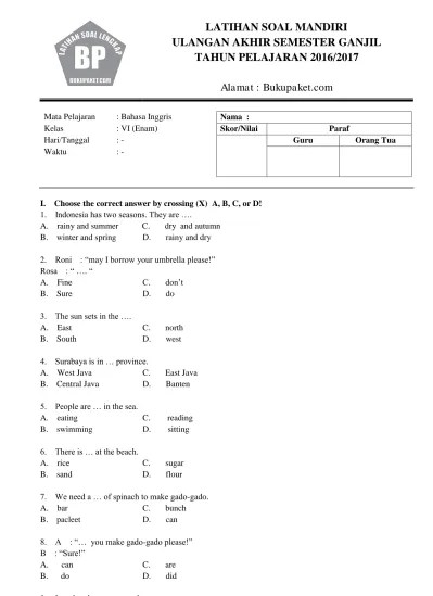 SOAL UAS BAHASA INGGRIS SD KELAS 6