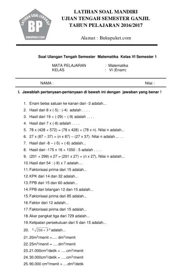 Soal UTS Matematika Kelas 6 Semester 1