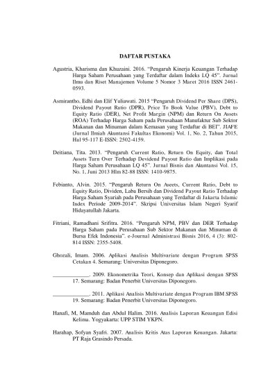 Top PDF Pengaruh perubahan price earning ratio [PER] return on assets  [ROA], net profit margin [NPM] dan debt to equity ratio [DER] terhadap  perubahan saham : studi empiris pada perusahaan makanan dan