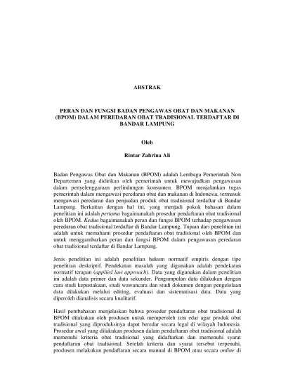 PERAN DAN FUNGSI BADAN PENGAWAS OBAT DAN MAKANAN (BPOM) DALAM PEREDARAN  OBAT TRADISIONAL TERDAFTAR DI BANDAR LAMPUNG