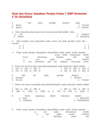 Soal dan Kunci Jawab UKK/ UAS Semester 2 PJOK Kelas 7