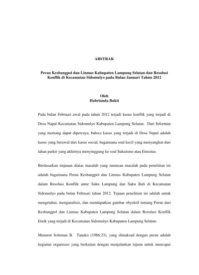PERAN KESBANGPOL DAN LINMAS DAERAH KABUPATEN LAMPUNG SELATAN DALAM RESOLUSI  KONFLIK ANTAR SUKU BALI DAN LAMPUNG DI SIDOMULYO PADA BULAN JANUARI TAHUN  2012