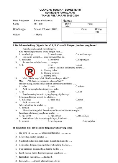 Soal UTS Kelas 3 SD B. Indonesia Semester 1
