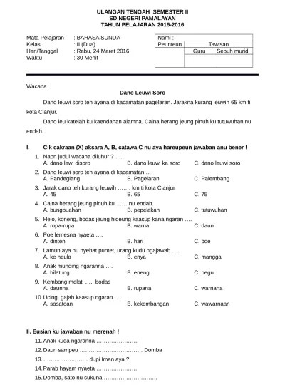 Soal UTS Kelas 2 SD B.Sunda Semester 1