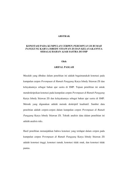 KONOTASI PADA KUMPULAN CERPEN PEREMPUAN DI RUMAH PANGGUNG KARYA ISBEDY  STIAWAN ZS DAN KELAYAKANNYA SEBAGAI BAHAN AJAR SASTRA DI SMP