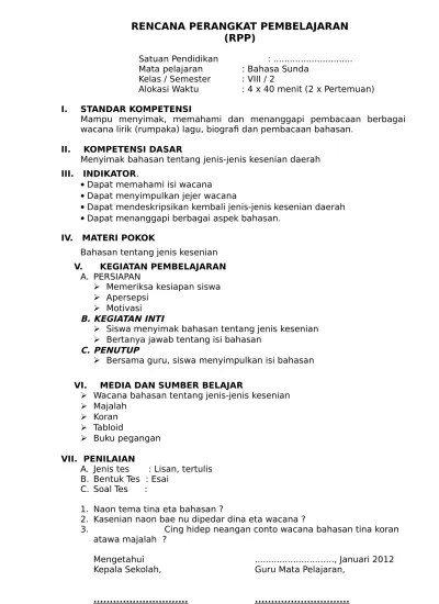 RPP Bahasa Sunda SMP Kelas VIII Semester 2