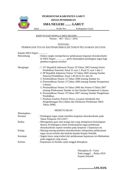 SK SURAT KEPUTUSAN PEMBAGIAN TUGAS PEMBINA EKSTRAKURIKULER