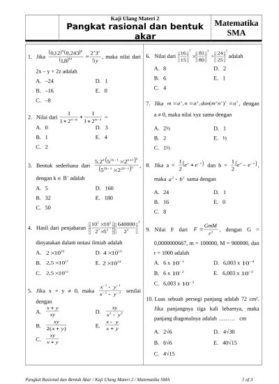 Bank Soal Matematika Akar dan Pangkat 3