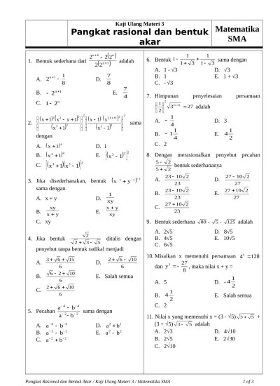 Bank Soal Matematika Akar dan Pangkat 4