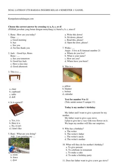 SOAL LATIHAN UTS BAHASA INGGRIS KELAS 4 SEMESTER 1