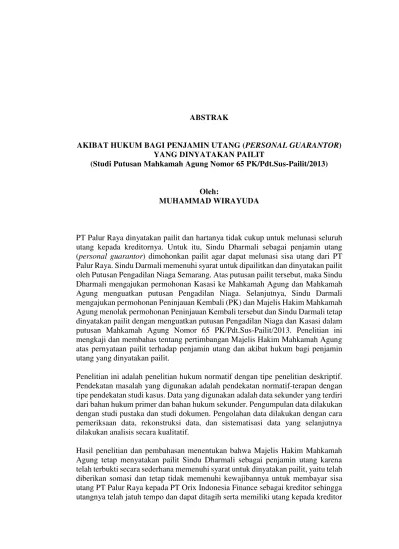 Top PDF AKIBAT HUKUM BAGI PENJAMIN UTANG (PERSONAL GUARANTOR) YANG  DINYATAKAN PAILIT (Studi Putusan Mahkamah Agung Nomor 65  PK/Pdt.Sus-Pailit/2013) - 123dok.com
