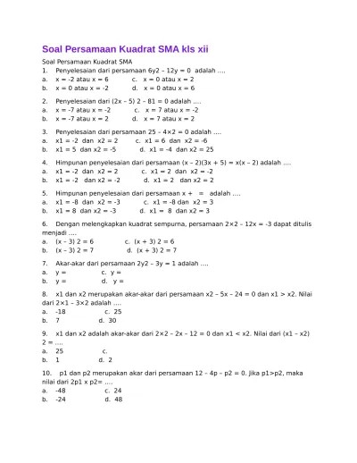 XII. Soal Persamaan Kuadrat SMA kls xii