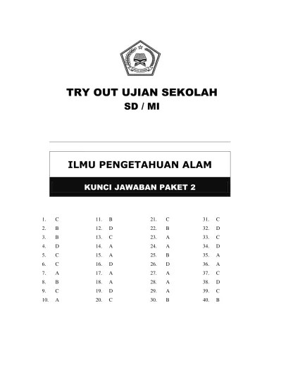 Kunci Jawaban Soal TRY OUT UN IPA SD/ MI Kelas 6 Paket 1