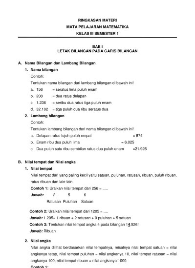 Ringkasan Materi Matematika kelas 3 semester 1