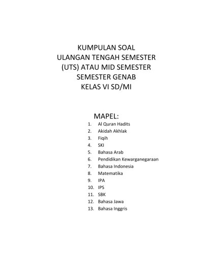 KUMPULAN SOAL UTS KELAS 6 SD/MI SEMESTER GENAP UTS6SMT2
