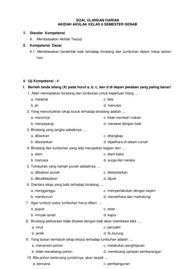 Soal Ulangan Harian Akidah Akhlak Kelas 6 Semester 2 AA 6.2.4