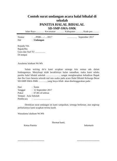 Contoh surat undangan acara halal bihalal di sekolah