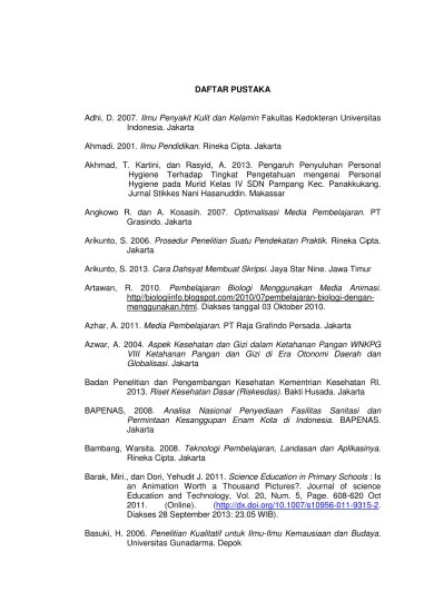 Top PDF DAFTAR PUSTAKA Pengaruh Penyuluhan Menggunakan Media Animasi  Terhadap Pengetahuan Personal Hygiene Pada Siswa Di Mi Negeri Baki  Sukoharjo. - 123dok.com