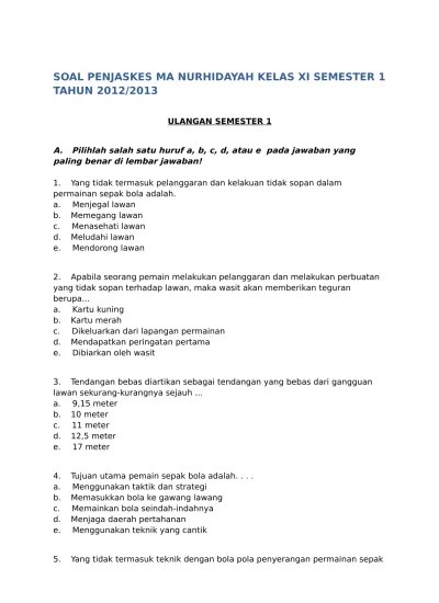 Soal UAS Penjaskes SMA VIII soalujian.net