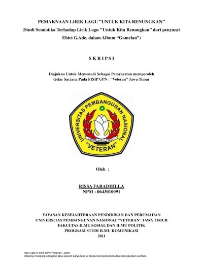 Top PDF PEMAKNAAN LIRIK LAGU ”UNTUK KITA RENUNGKAN'' (Studi Semiotika  Terhadap Lirik Lagu ‘‘Untuk Kita Renungkan’’ dari penyanyi Ebiet G.Ade,  dalam Album “Gamelan”). - 123dok.com