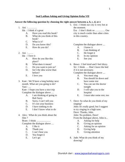 Top PDF Soal Latihan Asking and Giving Opinion Kelas VII - 123dok.com