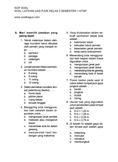 SOAL UAS PJOK KELAS 5 SEMESTER 1