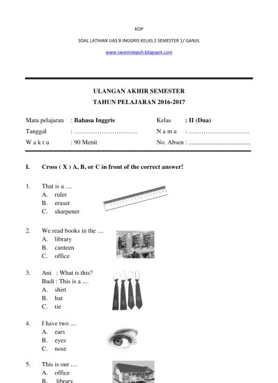 Top PDF SOAL LATIHAN BAHASA INGGRIS SD KELAS 1 SEMESTER 1 - 123dok.com