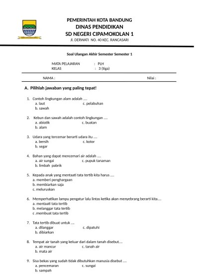 soal uas PLH kelas 3 semester 1