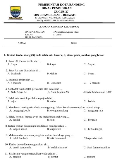 Top PDF Contoh Soal Ulangan Kenaikan Kelas Pendidikan Agama Islam Kelas 1 SD  - 123dok.com
