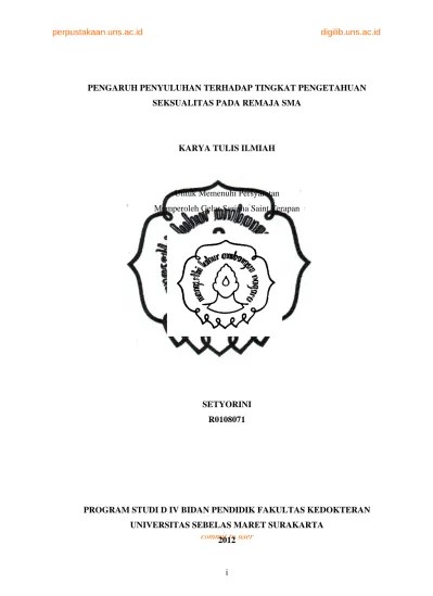 Top PDF Pengaruh Penyuluhan Terhadap Tingkat Pengetahuan Seksualitas pada Remaja  SMA .SETYORINI R0108071 - 123dok.com