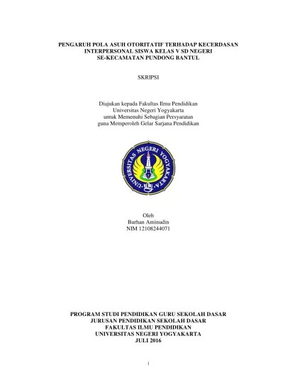 PENGARUH POLA ASUH OTORITATIF TERHADAP KECERDASAN INTERPERSONAL SISWA KELAS  V SD NEGERI SE-KECAMATAN PUNDONG BANTUL.