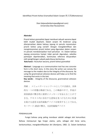 ANALISIS PIRANTI KOHESI GRAMATIKAL DALAM CERITA PENDEK <code> MOMOTAROU</code>.
