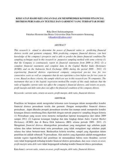 Top PDF Analisis Rasio Keuangan dalam Memprediksi Financial Distress pada  Perusahaan Sektor Industri Dasar dan Kimia yang Terdafatar di BEI Tahun  2011-2015 (The Analysis of Financial Ratios in Predicting Financial  Distress of
