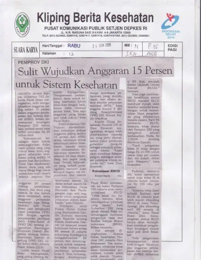 2009 - Sulit Wujudkan Anggaran 15% untuk Kesehatan (Kliping)