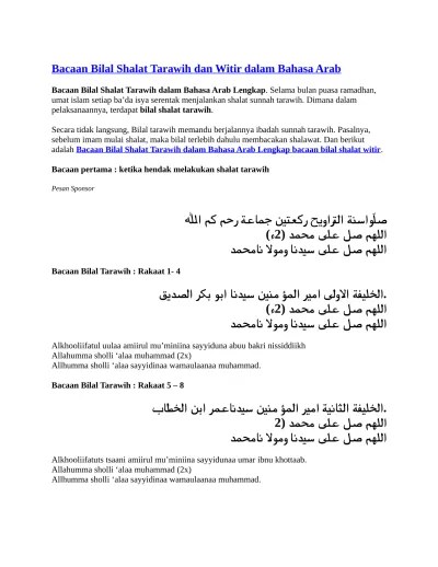 Bacaan Bilal Shalat Tarawih dan Witir dalam Bahasa Arab