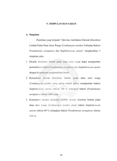 II. TINJAUAN PUSTAKA AKTIVITAS ANTIBAKTERI EKSTRAK KLOROFORM LIMBAH PADAT  DAUN SERAI WANGI (Cymbopogon nardus) TERHADAP BAKTERI Pseudomonas  aeruginosa DAN Staphylococcus aureus.