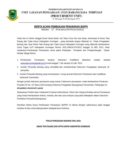 Top PDF BERITA ACARA PEMBUKAAN PENAWARAN PENATAAN OBYEK WISATA TALAGA REMIS  - 123dok.com